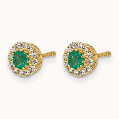 Diamond and Emerald Halo Post Earrings, 14K Gold
