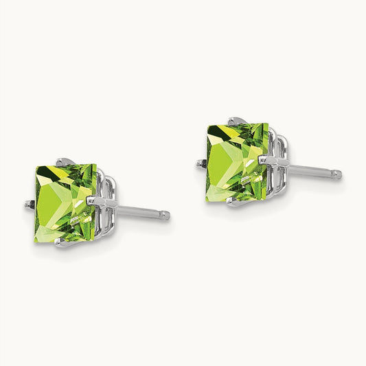 Square Step Cut Peridot Earrings, 6mm, 14K White Gold