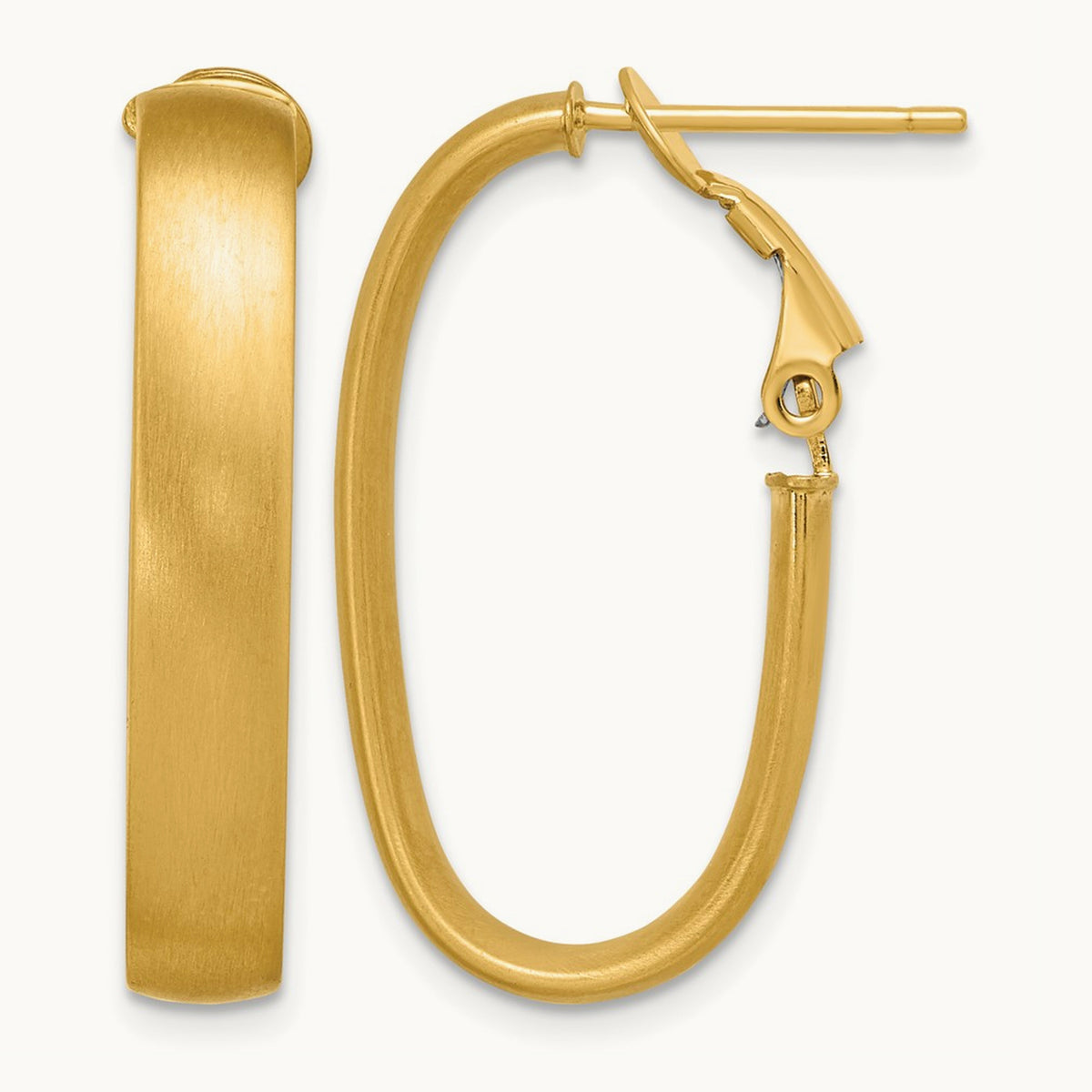 Satin Oval Omega Back Hoop Earrings — 14K Yellow Gold