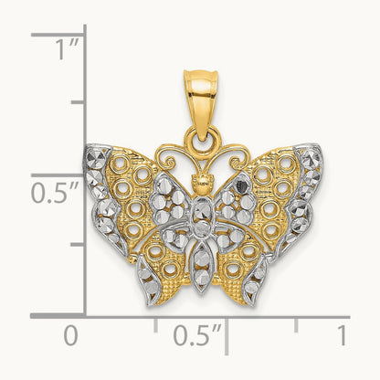 w/Rhodium Cut-out Wings Butterfly Pendant, 14K