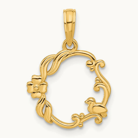 Polished Floral with Bird Circle Pendant, 14K
