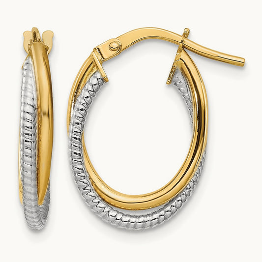 Polished Textured Double Oval Hoops, 14K Two-tone