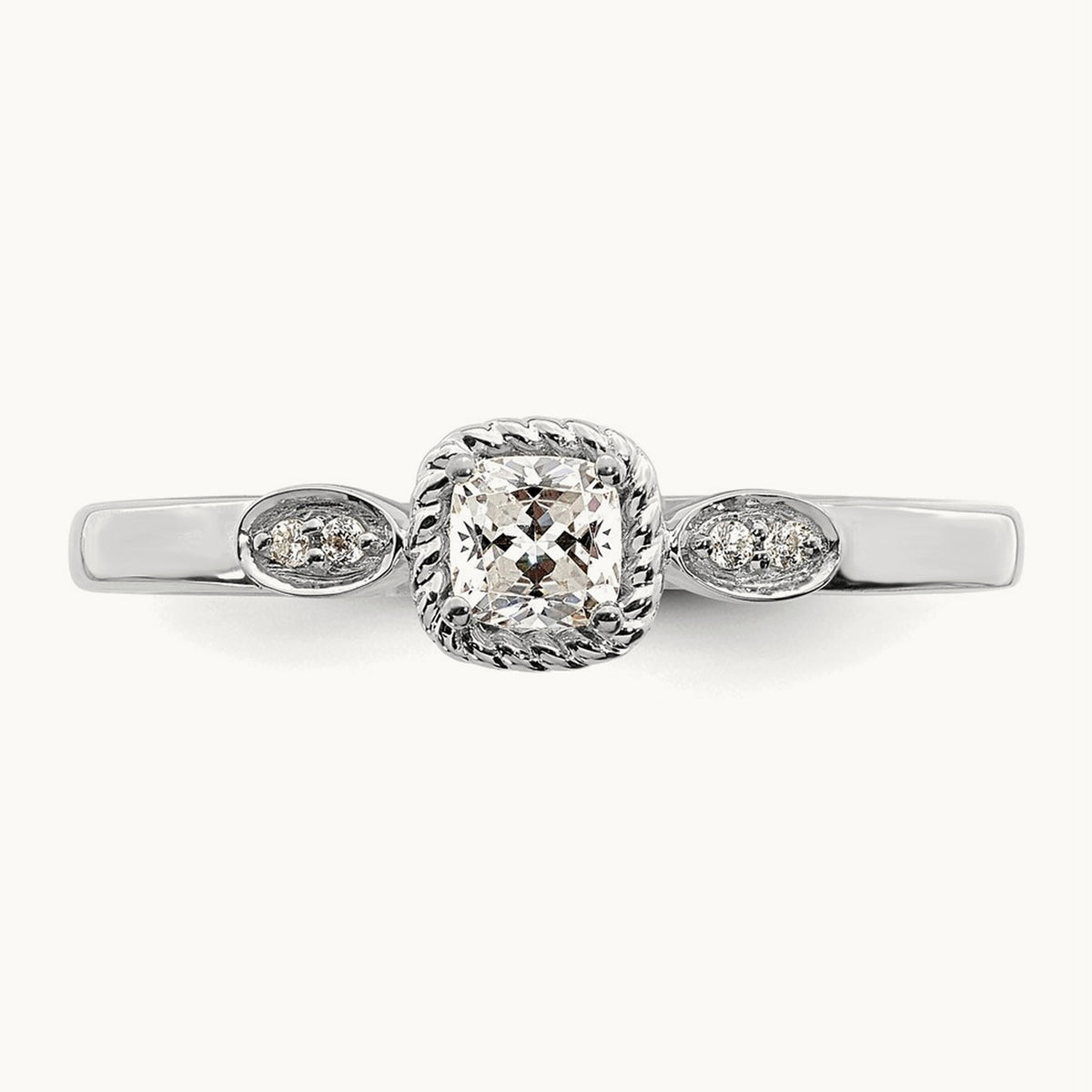 Petite Rope Edge Cushion Complete Dia Ring, 14K White Gold