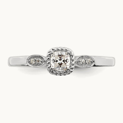 Petite Rope Edge Cushion Complete Dia Ring, 14K White Gold