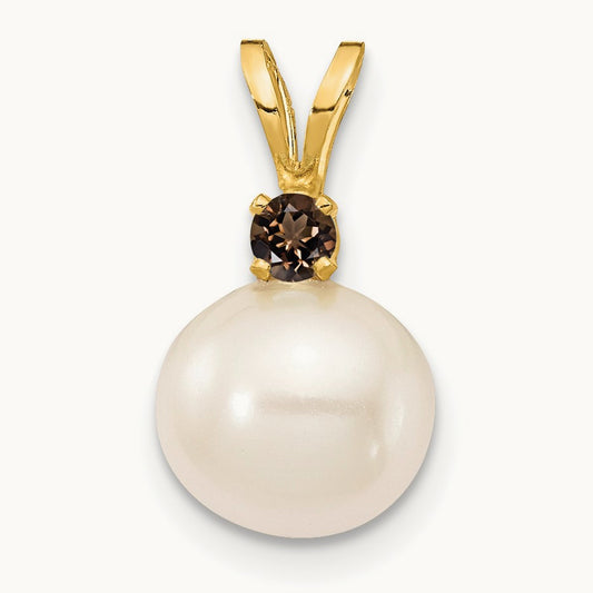 Smoky Quartz 8- White Round FWC Pearl Pendant, 8.5mm, 14K