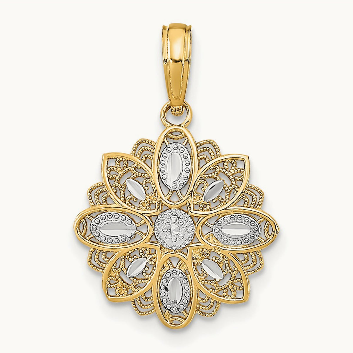 w/Rhodium and D/C Filigree Flower Charm, 14K