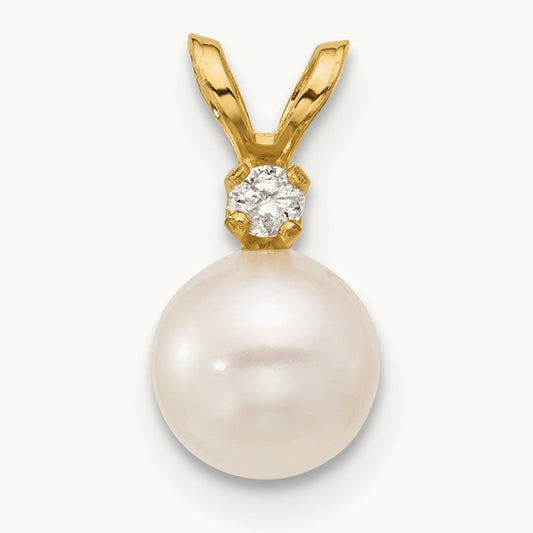 6- Round White Saltwater Akoya Cultured Pearl Diamond Pendant, 7mm, 14K