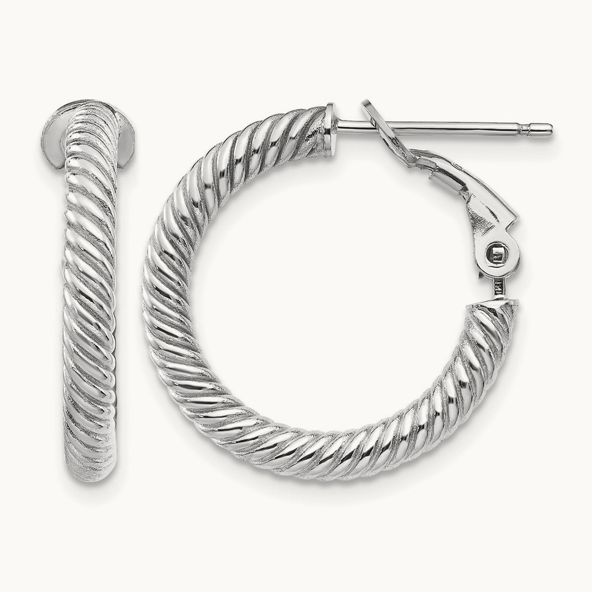 Twisted Round Hoop Earrings — 14K White Gold, 3x21mm