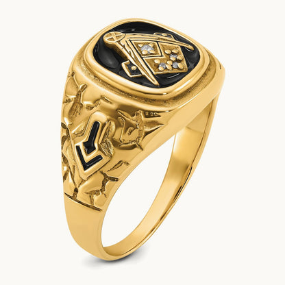 Polished, Antiqued and Nugget Texture Diamond Masonic Ring, 14K