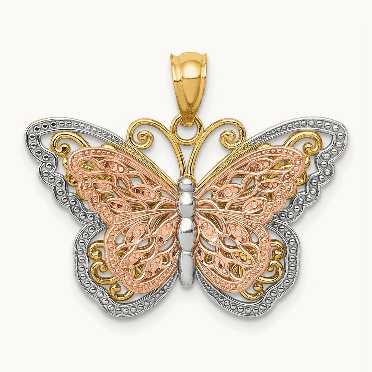w/White Rhodium Cut-out 2-level Butterfly Pendant, 14K Two-tone
