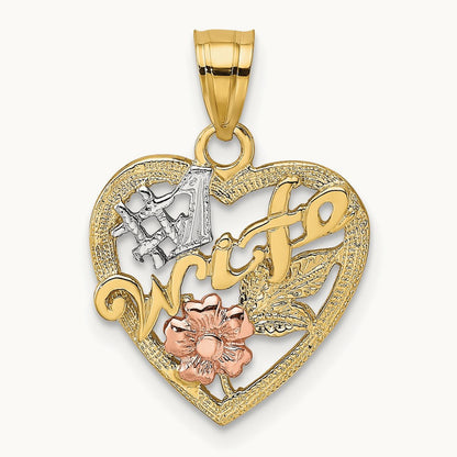 w/White Rhodium #1 WIFE In Heart w/Flower Charm, 14K Two-tone