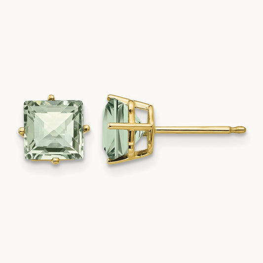 Square Checker-Cut Green Quartz Earrings, 6mm, 14K
