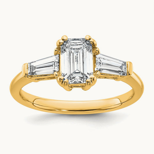 Emerald & Tapered Baguette Engagement Ring — 14K Yellow Gold, 1 1/2 ct, 7