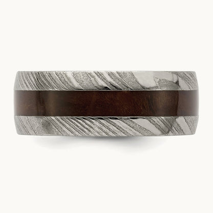 Damascus Steel Polished with Ebony Wood Inlay Band, 8mm