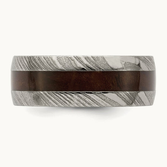 Damascus Steel Polished with Ebony Wood Inlay Band, 8mm