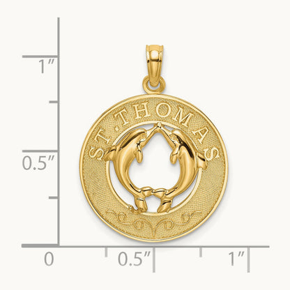 ST. THOMAS w/ Dolphins Round Charm, 14K