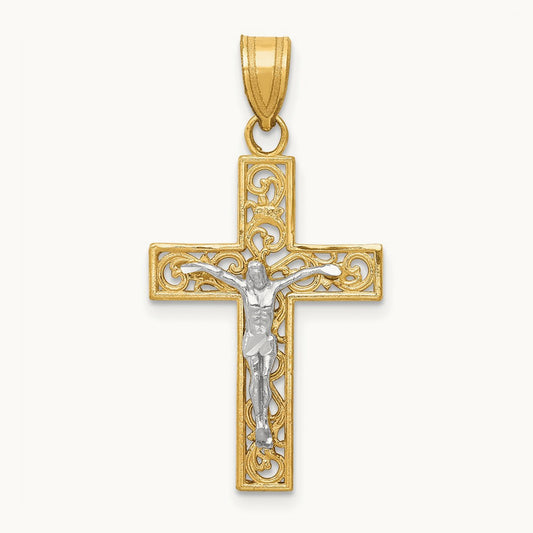 D/C Small Block Filigree Crucifix Pendant, 14K Two-tone