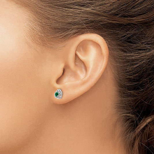 Created Emerald Post Earrings — 14K White Gold