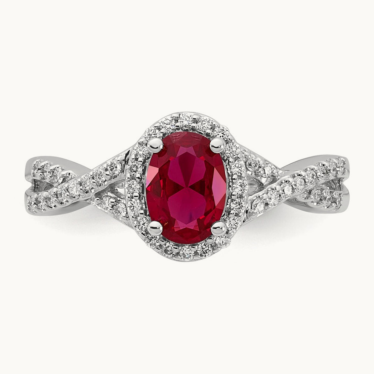 Created Ruby Oval Halo Ring — 14K White Gold, 7