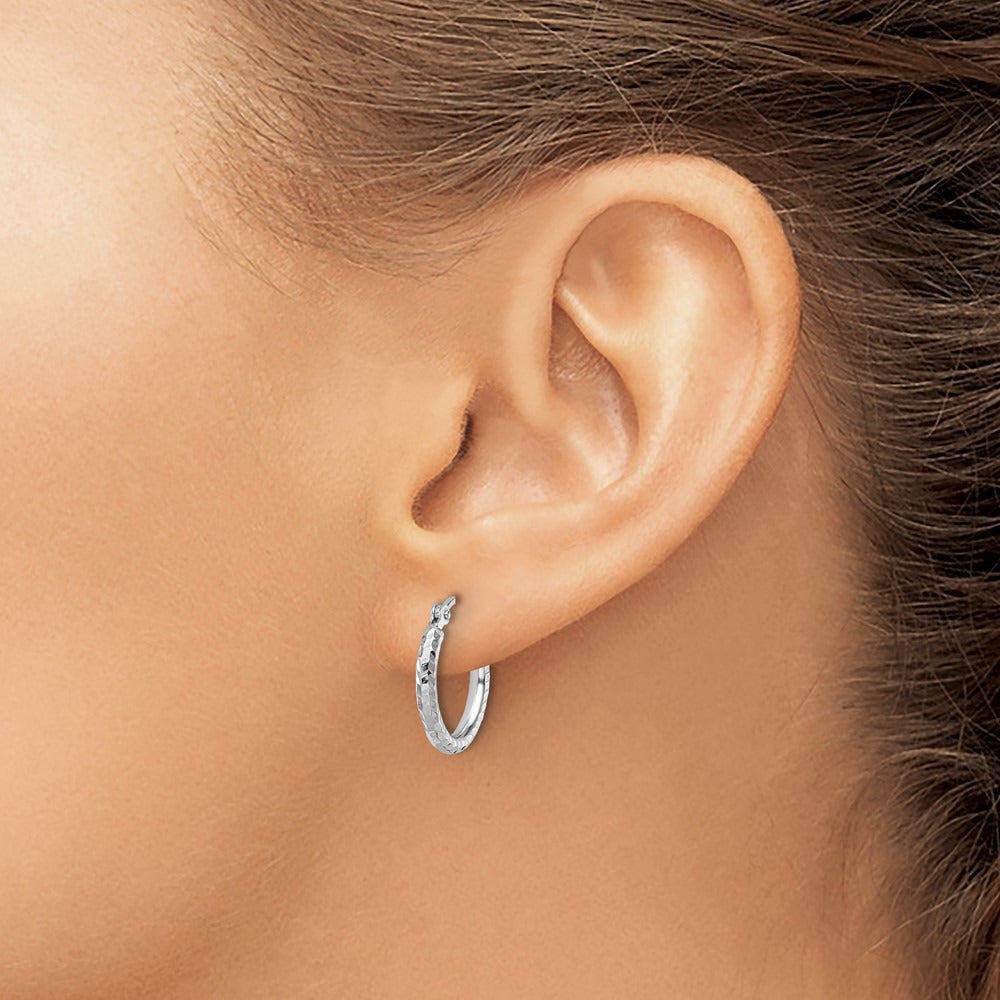 Diamond-cut Round Tube Hoop Earrings — 10K White Gold