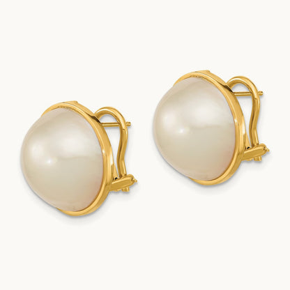 14- White Mabe Saltwater Cultured Pearl Omega Back Earrings, 15mm, 14K