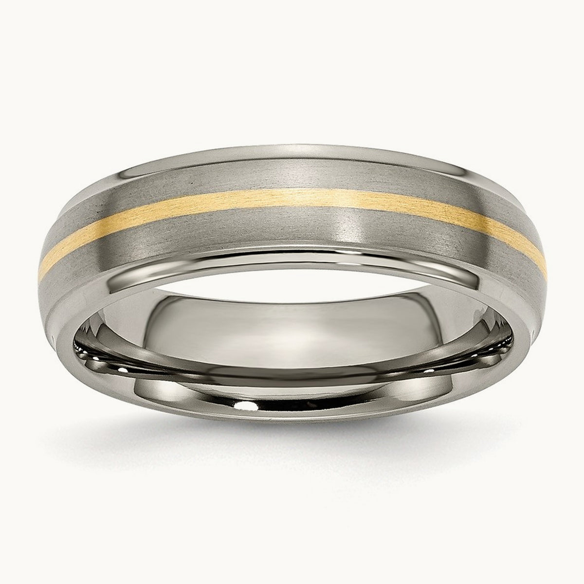 Brushed Center w/14k Yellow Inlay Ridged Edge Band, 6mm, Titanium