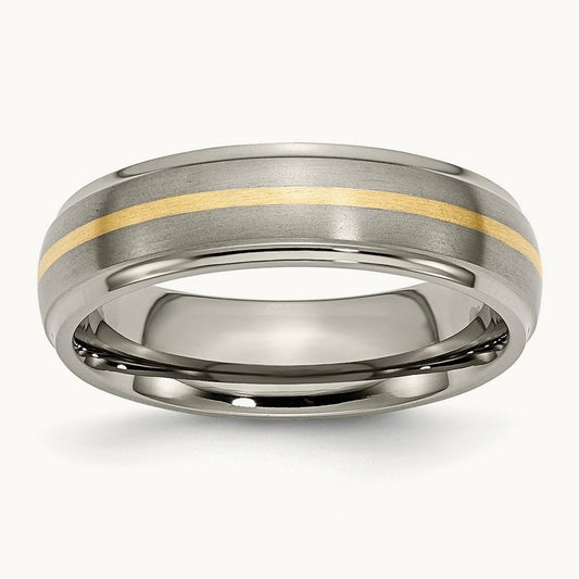 Brushed Center w/14k Yellow Inlay Ridged Edge Band, 6mm, Titanium