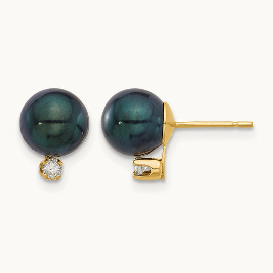 7- Round Black Akoya Pearl and .10ct Diamond Post Earrings, 8mm, 14K