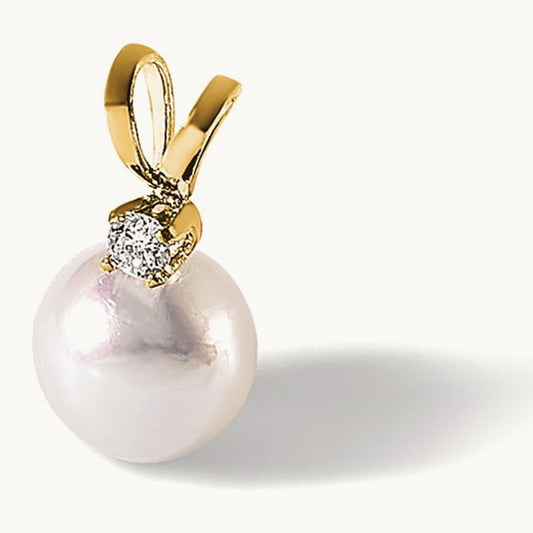 6- Round White Saltwater Akoya Cultured Pearl Diamond Pendant, 7mm, 14K