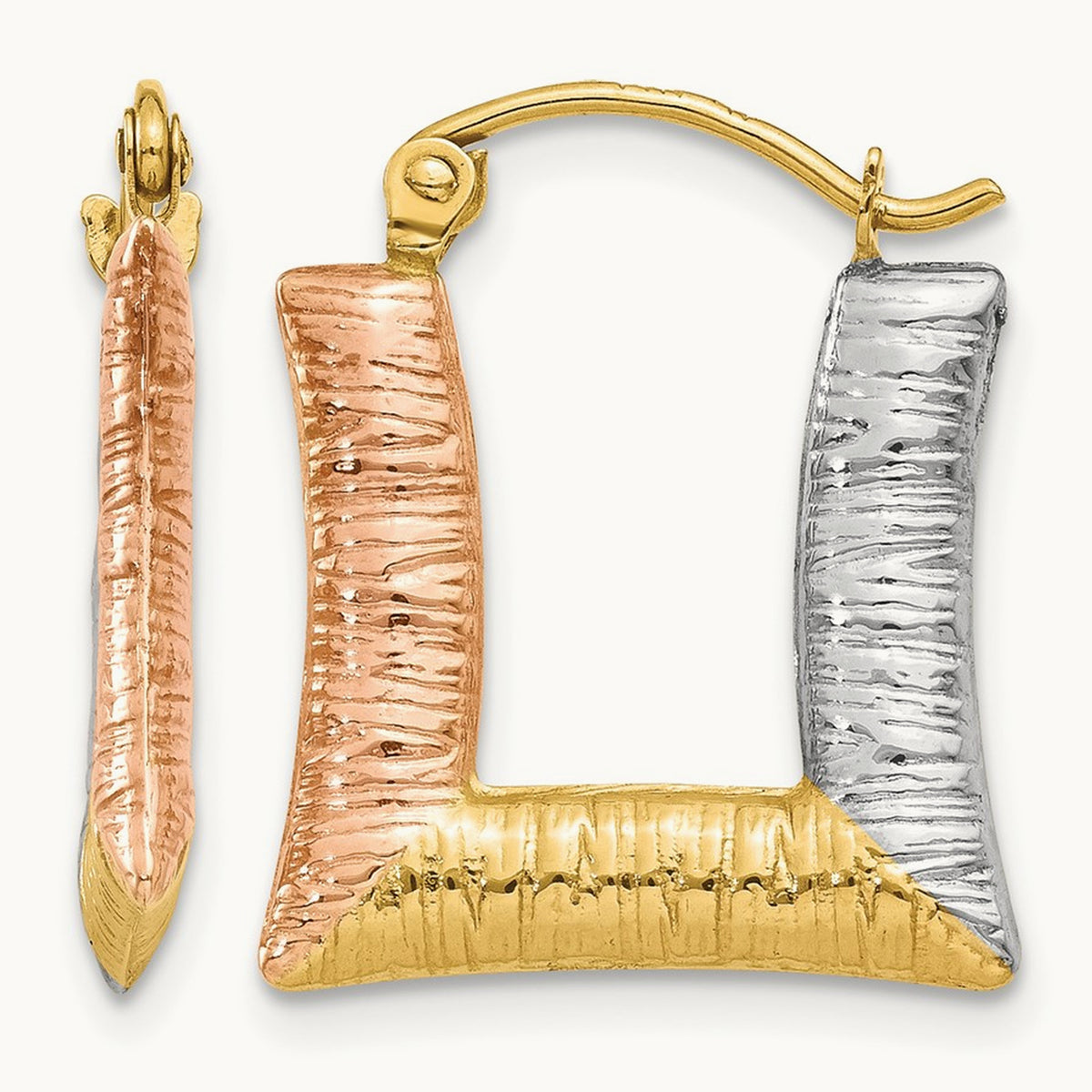 & White & Rose Rhodium Hollow Textured Square Hoop Earrings, 14K