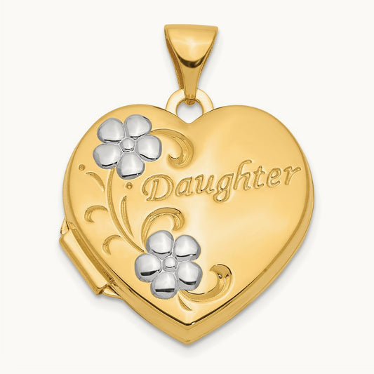 w/ Rhodium DAUGHTER Floral Heart Locket, 18mm, 14K