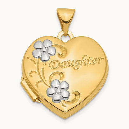 w/ Rhodium DAUGHTER Floral Heart Locket, 18mm, 14K
