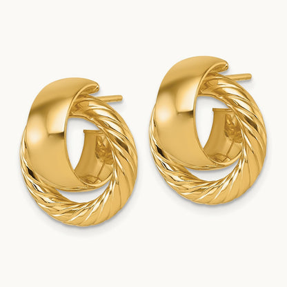 Polished and Twisted Circle Post Earrings — 14K Yellow Gold