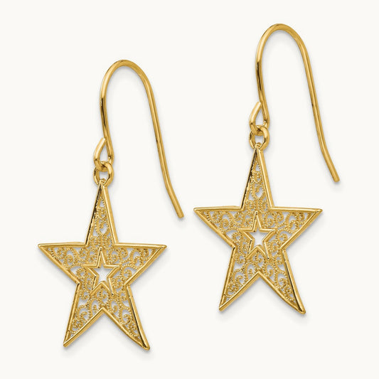 Filigree Star Shepherd Hook Earrings, 14K