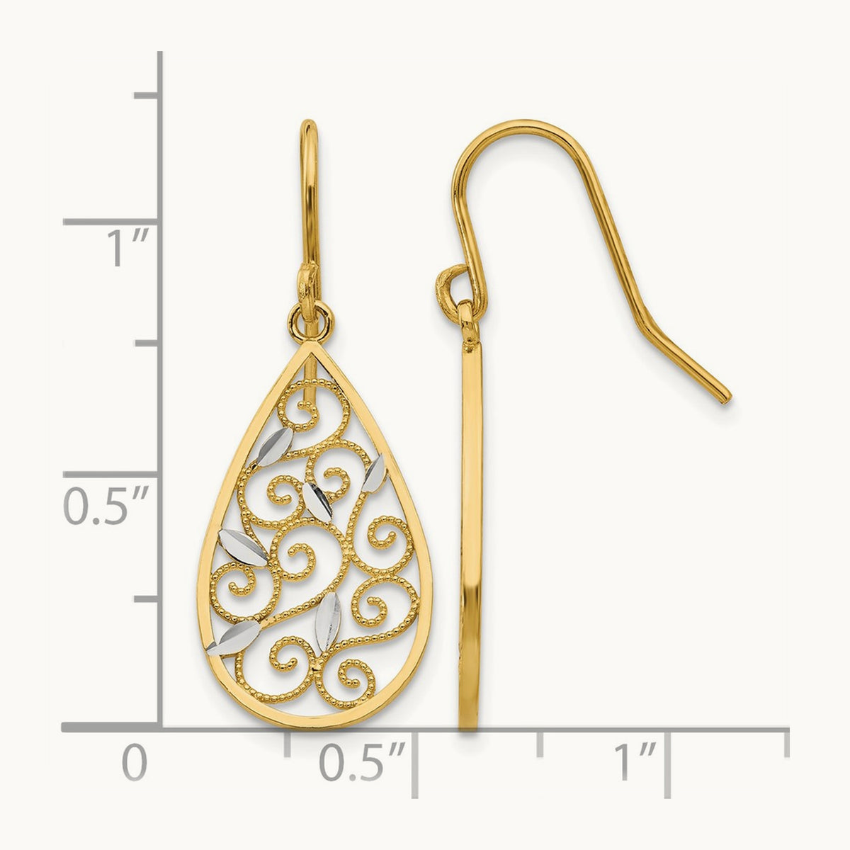 Rhodium Diamond-cut Filigree Teardrop Wire Earrings, 14K White
