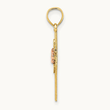 Textured Cross w/ Flower Charm, 14K Two-tone