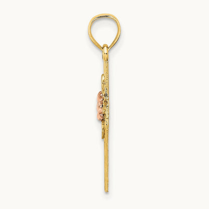 Textured Cross w/ Flower Charm, 14K Two-tone