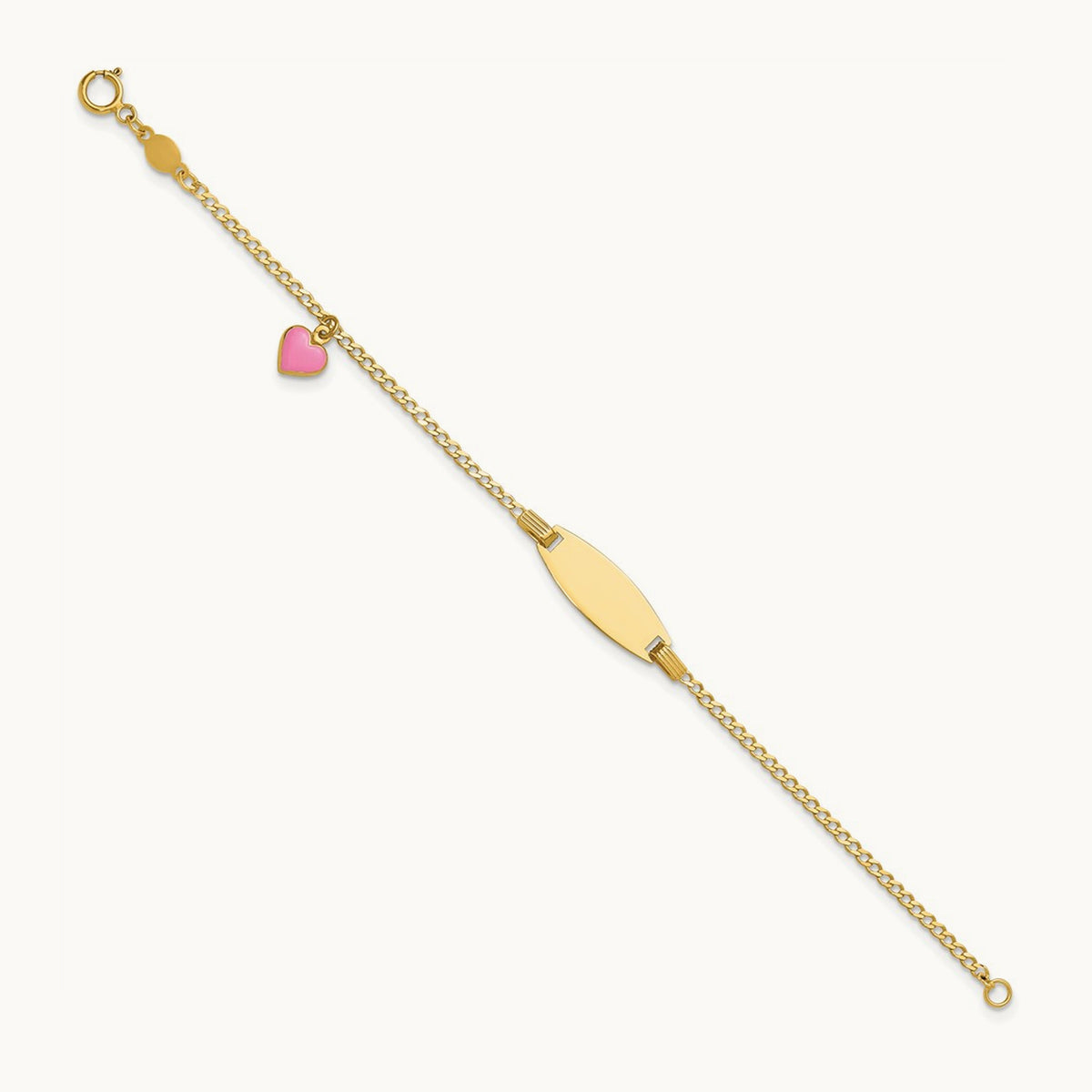Polished Kids ID with Pink Enameled Puff Heart 5.5in Bracelet, 14K