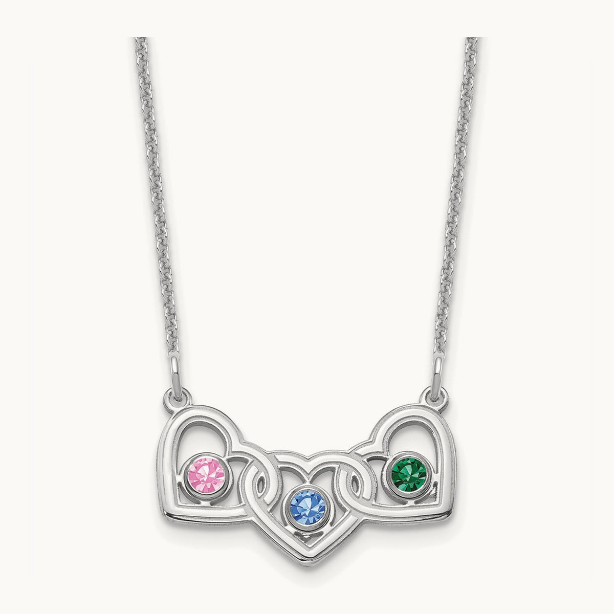 3 Hearts 3 Birthstones w/ 18k Rhodium Plated Bezels Necklace, 14K White Gold