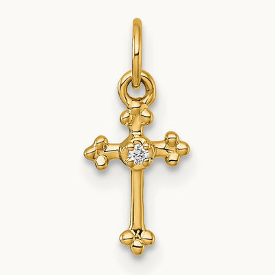 Small Diamond Budded Cross Pendant — 14K Yellow Gold, 14.7mm