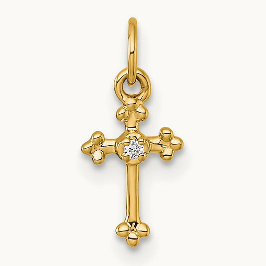 Small Diamond Budded Cross Pendant — 14K Yellow Gold, 14.7mm