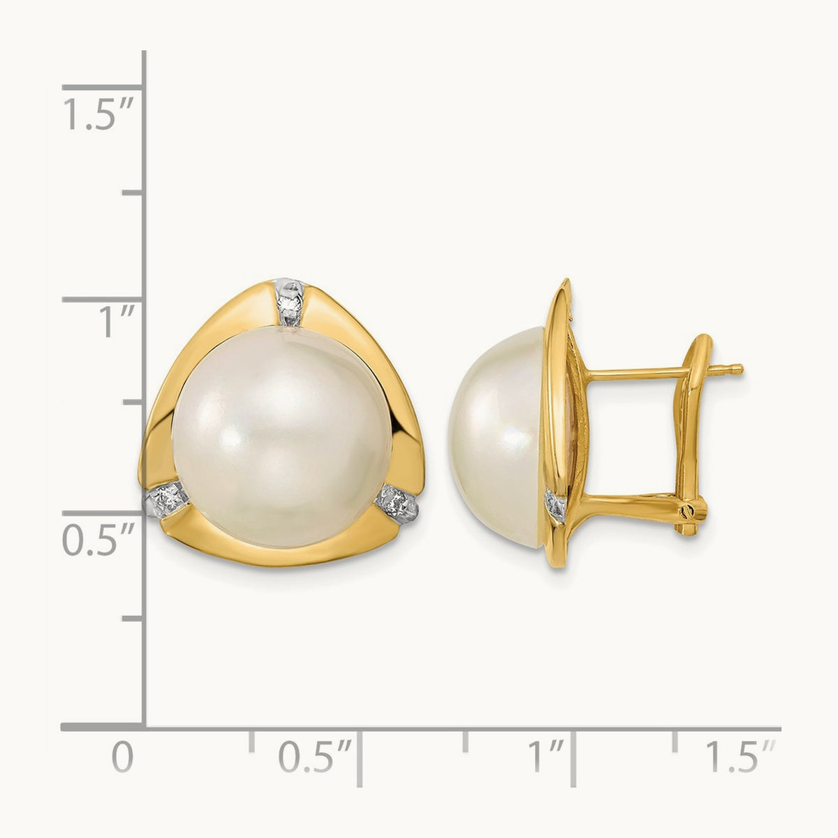 12- White Saltwater Mabe Pearl .06ct Diamond Omega Back Earrings, 13mm, 14K