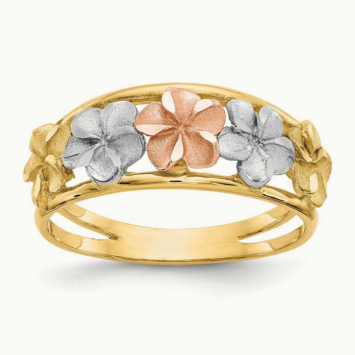 & Rhodium Satin/Polished D/C Flower Ring, 14K Two-tone