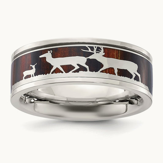 Polished with Wood Inlay Deer Design Band, 8mm, Stainless Steel