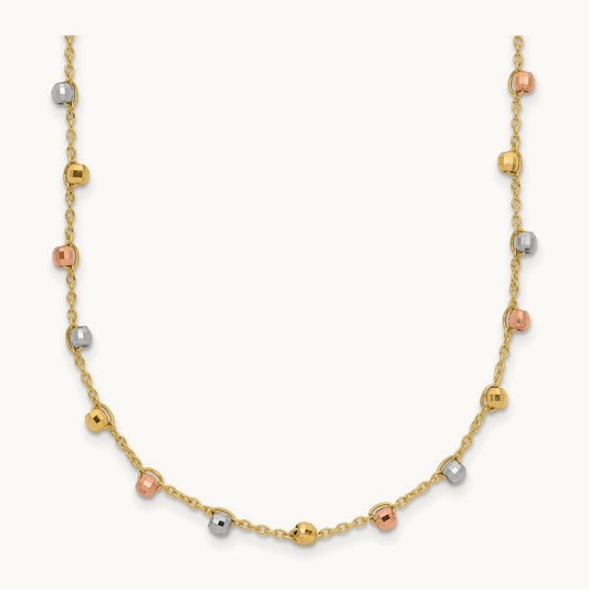 Tri-color Polished D/C Fancy Beaded 18in Necklace, 14K