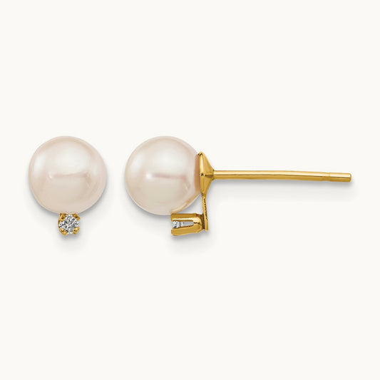 5- White Round Saltwater Akoya Cultured Pearl Diamond Post Earrings, 6mm, 14K