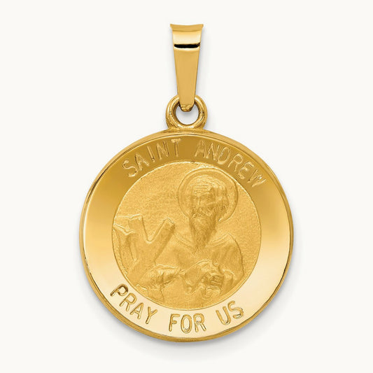 Polished and Satin St. Andrew Medal Hollow Pendant, 14K