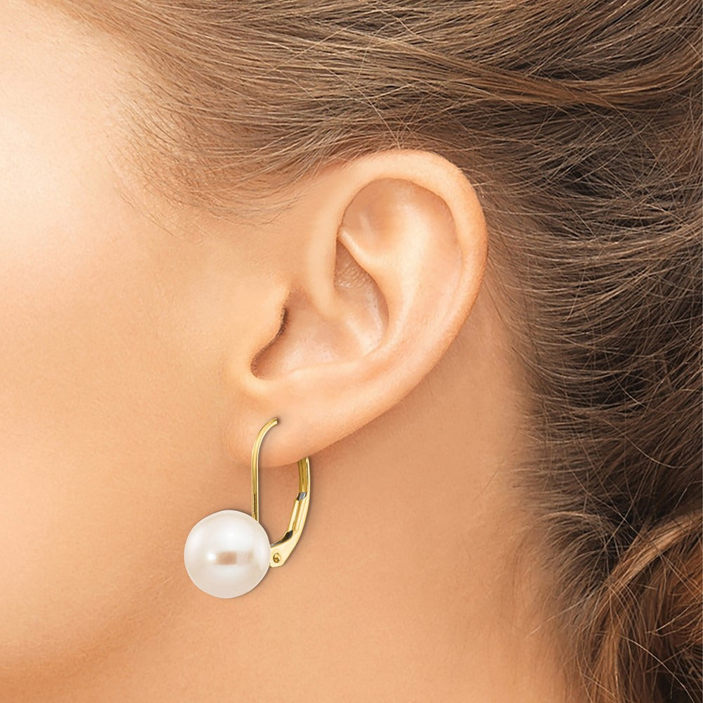 Round Freshwater Cultured Pearl Leverback Earrings — 14K Yellow Gold
