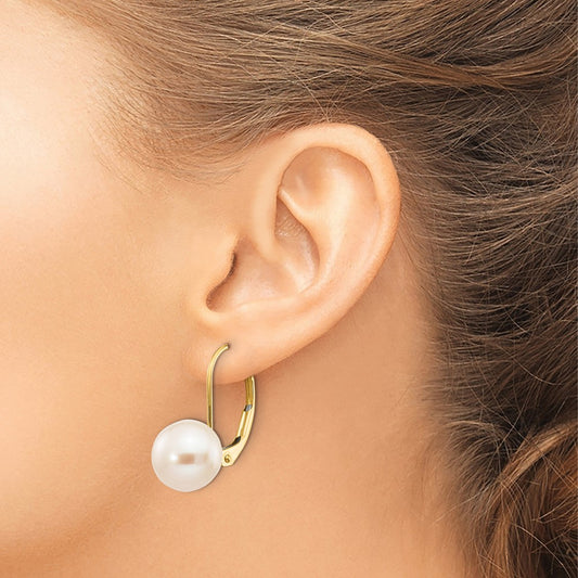 Round Freshwater Cultured Pearl Leverback Earrings — 14K Yellow Gold