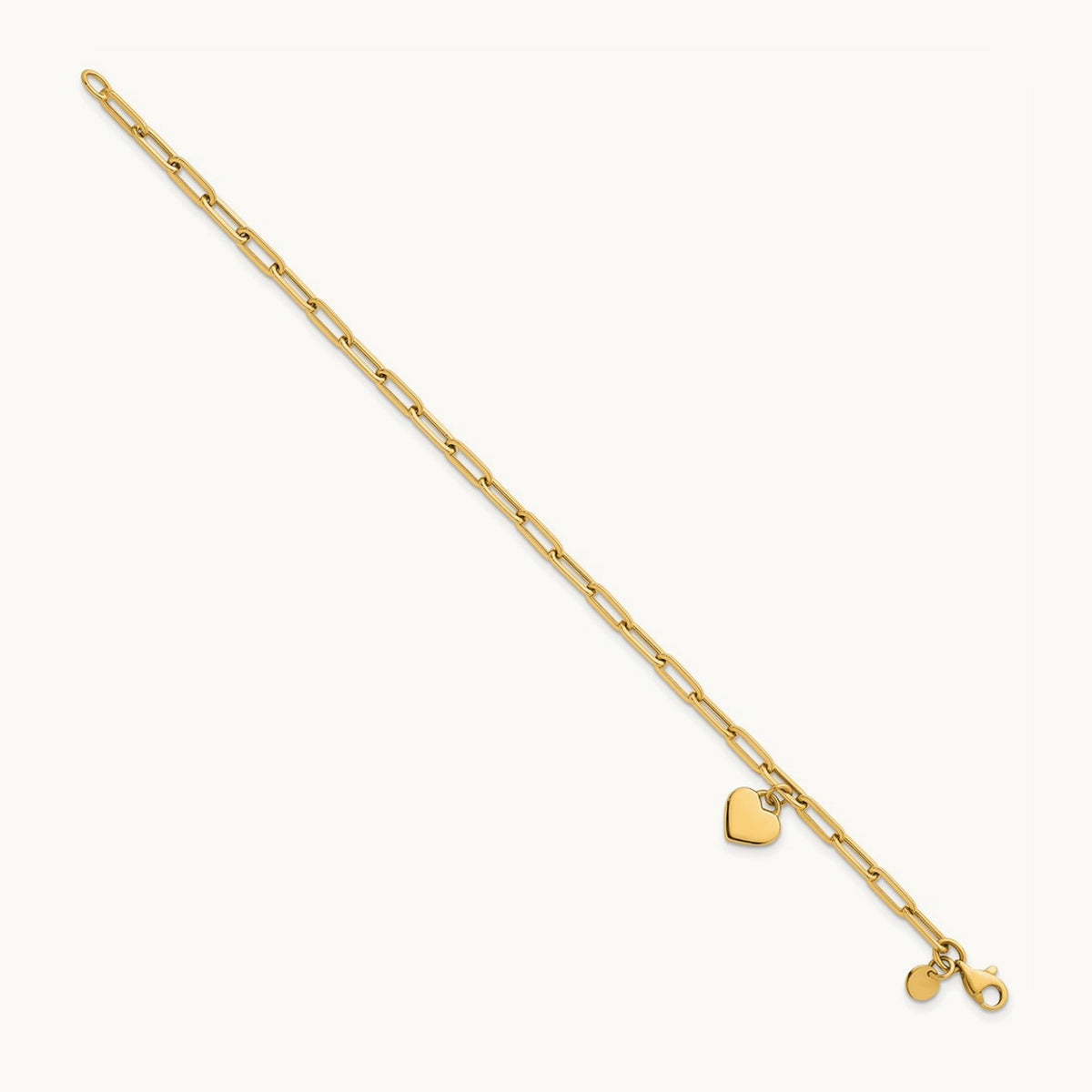 Polished Dangle Heart 7.25in Paperclip Bracelet, 14K